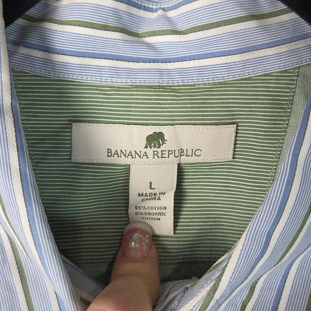 Banana Republic Button Down Mens L Blue Green Excellent Striped Organic Cotton